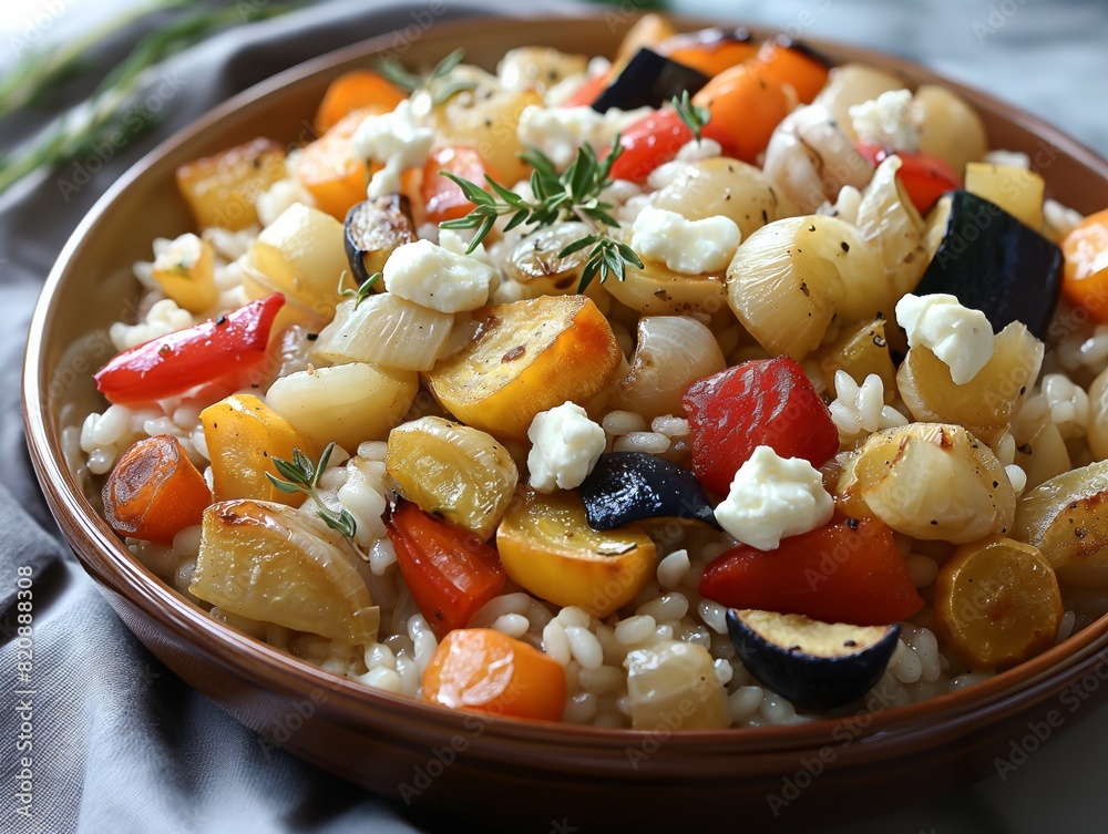 A bowl of food with a variety of vegetables and rice A bowl of food with a variety of vegetables and rice