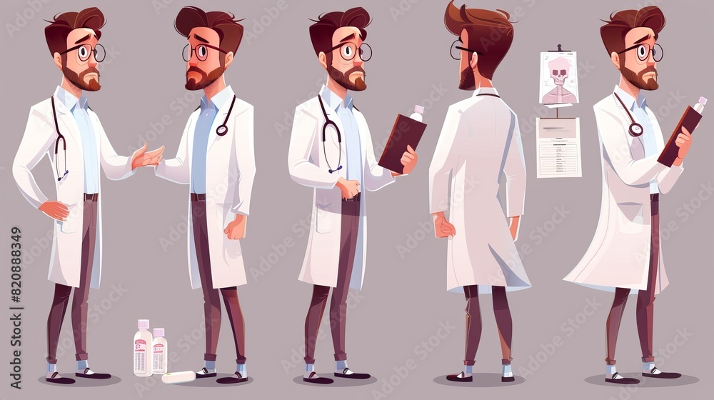 A character as a doctor is present in a hospital. He wears a white robe in the lab, holds a stethoscope, a clipboard, an x-ray machine, and a pill bottle. A character as a doctor is present in a hospital. He wears a white robe in the lab, holds a stethoscope, a clipboard, an x-ray machine, and a pill bottle.