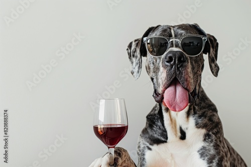 Great Dane in a home setting with sunglasses and a glass of wine