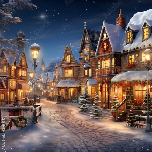 Winter village at night. Christmas and New Year concept. 3D rendering