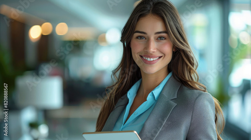 Smiling young caucasian business woman with long hair holding tablet wearing suit with turquoise blouse on modern business office background created with Generative AI Technology
