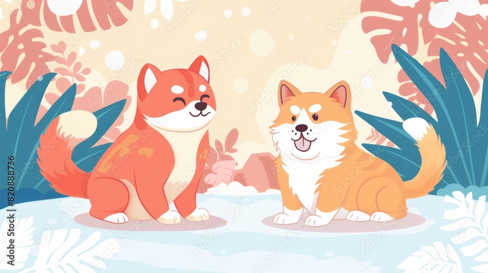 Home pets cats and dogs adoptions. Zoo market presentation of adorable korgi and shiba inu puppies. Petcare and love to animals concept. Linear flat modern web banner. Home pets cats and dogs adoptions. Zoo market presentation of adorable korgi and shiba inu puppies. Petcare and love to animals concept. Linear flat modern web banner.
