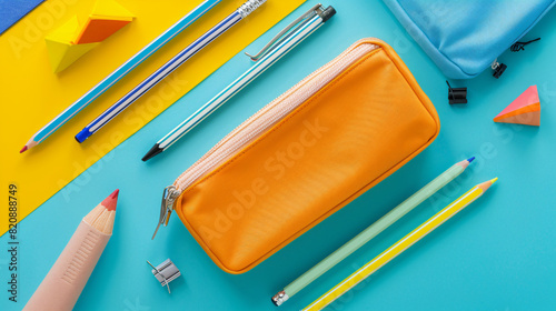 Pencil case and stationery on color background