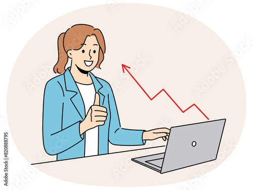 Smiling businesswoman work on computer celebrate financial success on stock market. Happy woman with laptop excited with graph or chart rising. Vector illustration.