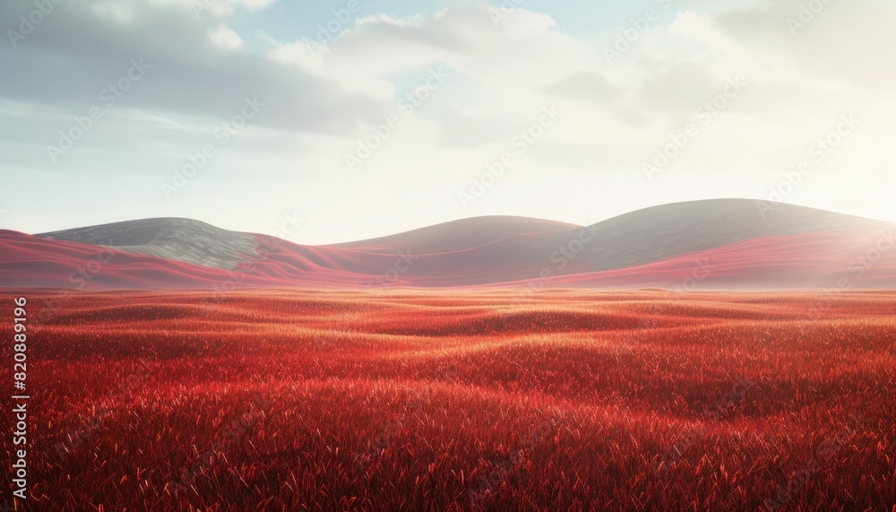Sunset over majestic red field with mountain background and sunny sky travel and nature landscape concept Sunset over majestic red field with mountain background and sunny sky travel and nature landscape concept