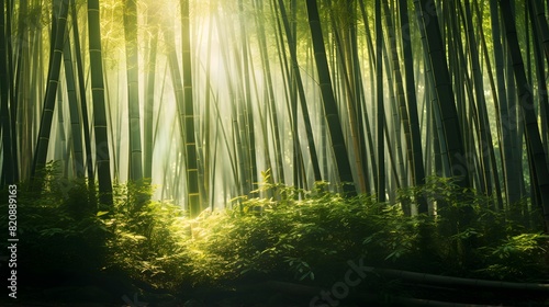 Panoramic view of the forest in the morning. Bamboo forest.