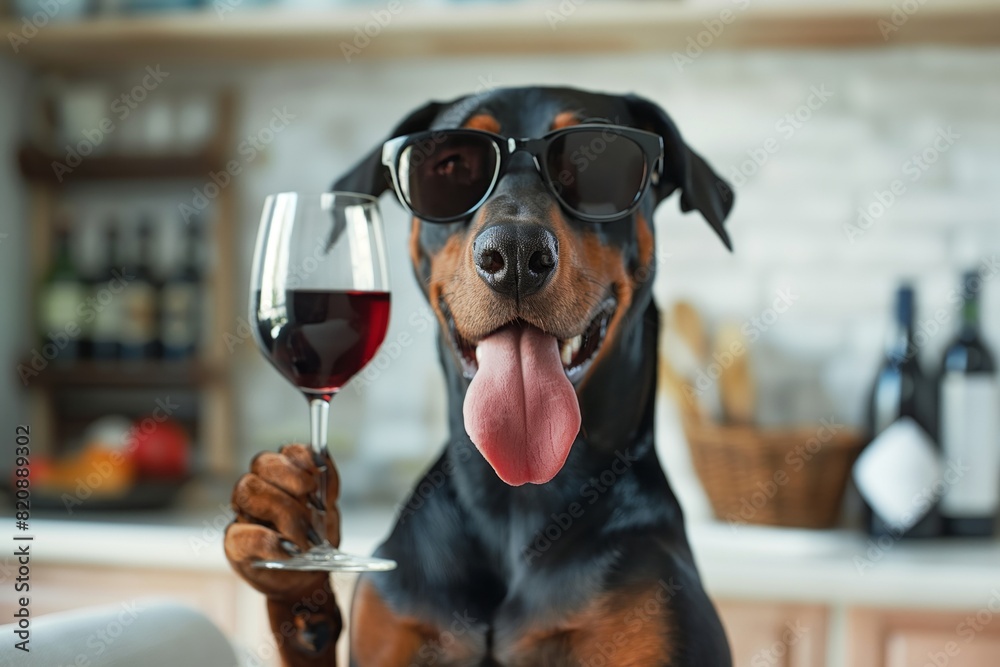 Doberman pinscher with a wine glass, stylish home background