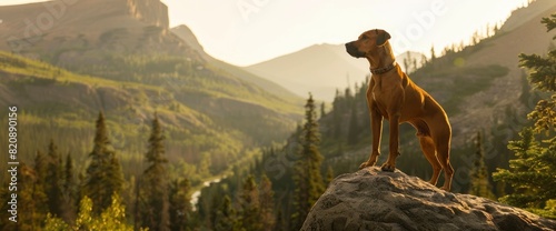 In The Rugged Beauty Of A Forest Mountains Landscape, A Rhodesian Ridgeback Dog Stands Proudly Atop A Stone, Its Noble Presence A Testament To The Strength And Resilience photo