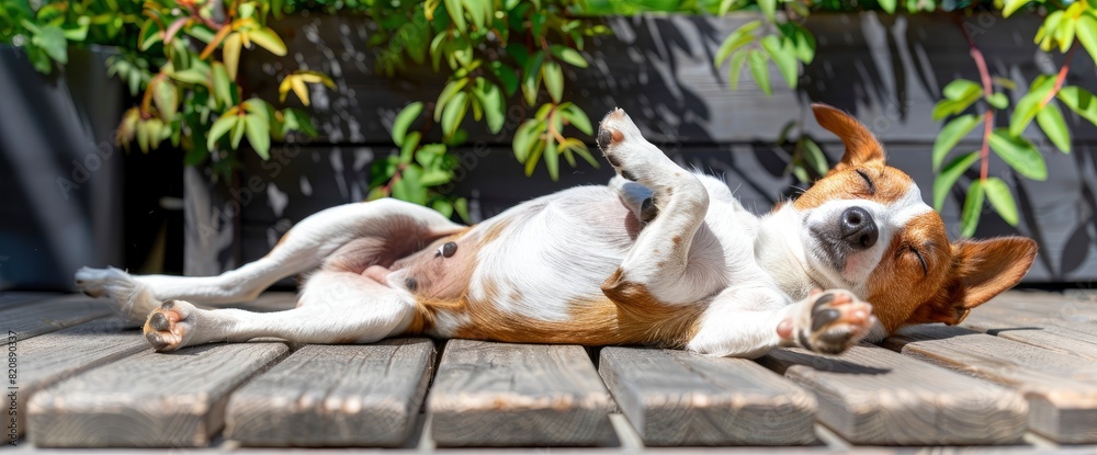 In The Tranquil Serenity Of The Backyard, A Small Jack Russell Terrier Reclines Lazily, Basking In The Warm Embrace Of The Sun, Standard Picture Mode In The Tranquil Serenity Of The Backyard, A Small Jack Russell Terrier Reclines Lazily, Basking In The Warm Embrace Of The Sun, Standard Picture Mode