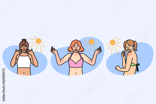 Sunburns on bodies of shocked women relaxing on beach and not using sunscreen and uv rays. Problem of sunburns or uneven tanning among girls visiting southern islands for first time