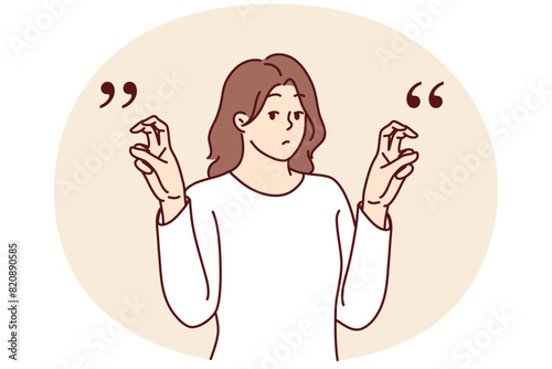 Young woman gesticulates with quotation marks with fingers while saying sarcastic words or hints. Teenager girl raises hands demonstrating quotes before telling sarcastic story or difficult joke