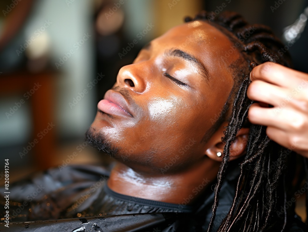 A man with dreadlocks is getting his hair cut. The man is relaxed and comfortable, and the hairdresser is working on his hair