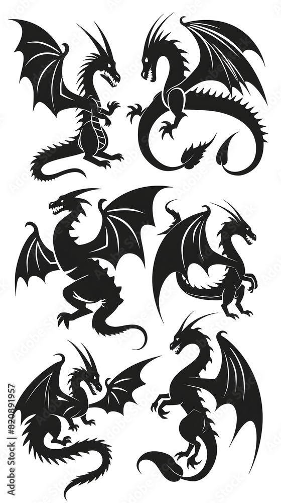 black silhouette of multiple dragons illustration icon vector for logo, isolated on white background black silhouette of multiple dragons illustration icon vector for logo, isolated on white background