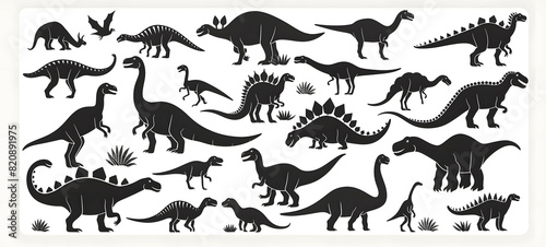 black silhouette of varieties of dinosaurs illustration icon vector for logo, isolated on white background
