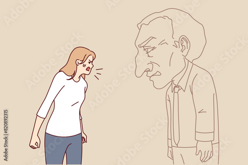 Angry woman screams at imaginary interlocutor, experiencing psychologically distress due to mental trauma from childhood. Conflict aggressive, psychologically unbalanced girl in need of sedatives
