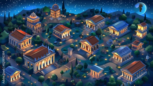 The scene shows an isometric picture of Rome, incorporating an antique cityscape with castra ancient military camp, a temple, a basilica, a forum, a taberna, and an insula. photo