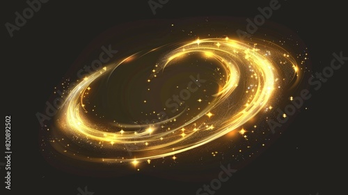 An illustration of a magic spiral, twist effect with stars and sparkles. Gold swirl of wand isolated on black. Magician spell, wizard, fairy golden light, shiny lightnings trace.