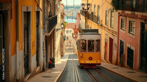 Romantic Lisbon street with the typical yellow tram and Lisbon Cathedral on the background