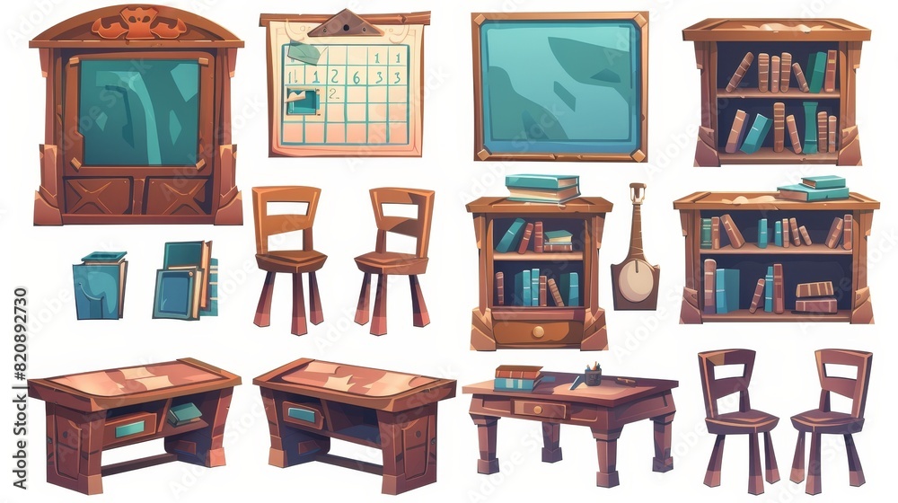 Cartoon modern isolated illustration of a classroom interior set with student desks and chairs, a schedule board hanging, books in a cupboard, objects of space for studying, school or college class Cartoon modern isolated illustration of a classroom interior set with student desks and chairs, a schedule board hanging, books in a cupboard, objects of space for studying, school or college class