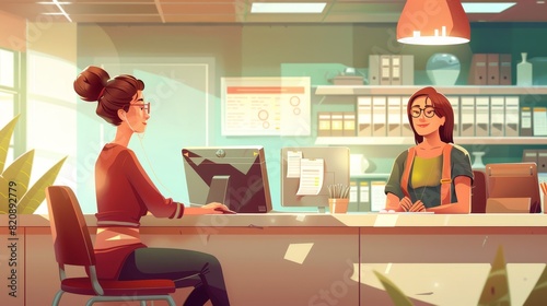 We like our work web banner. Bank worker at desk with computer, credit or financial department counter with friendly employee, cartoon modern illustration. photo