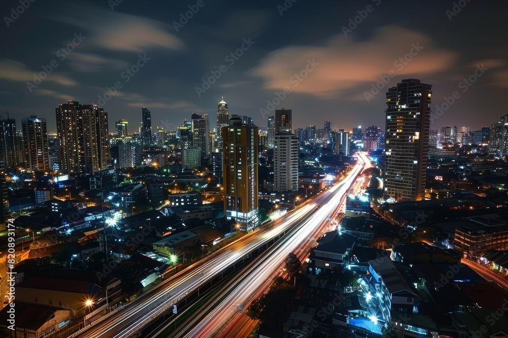 Obraz premium Long Exposure of Night Cityscape with Reflections and Light Trails