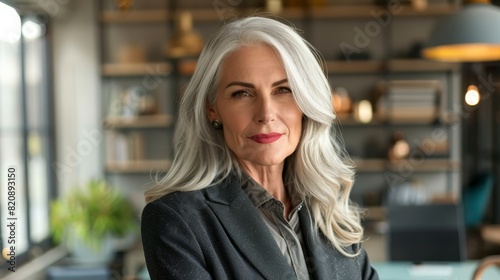 Elegant senior businesswoman with long gray hair and red lipstick, standing confidently in a modern office.