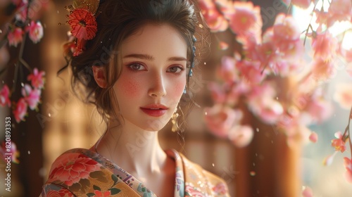 A highly detailed and ethereal rendition of an animated character in traditional Japanese kimono attire among blossoms