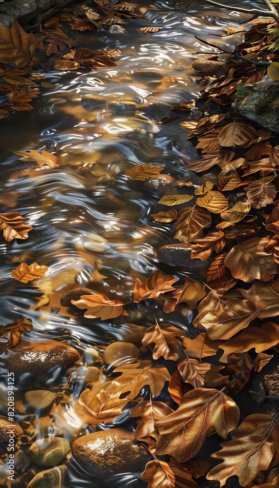 Craft a detailed close-up of a Woodland Stream, showcasing the play of light on the flowing water and the intricate textures of pebbles and fallen leaves in a photorealistic style