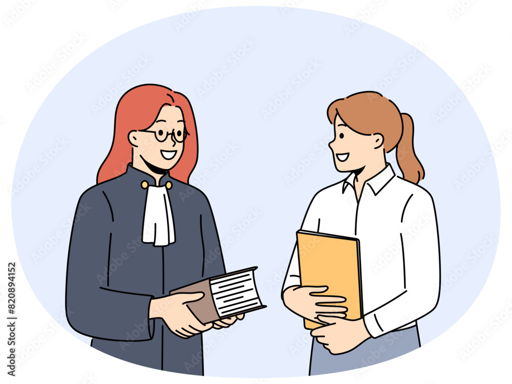 Smiling female lawyer and paralegal with folders in office. Happy woman judge with assistant holding documents in court. Vector illustration. Smiling female lawyer and paralegal with folders in office. Happy woman judge with assistant holding documents in court. Vector illustration.