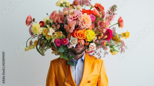 A young man model with a bouquet of multi-colored flowers on his head dressed in a stylish suit on a yellow background in fashion editorial style.