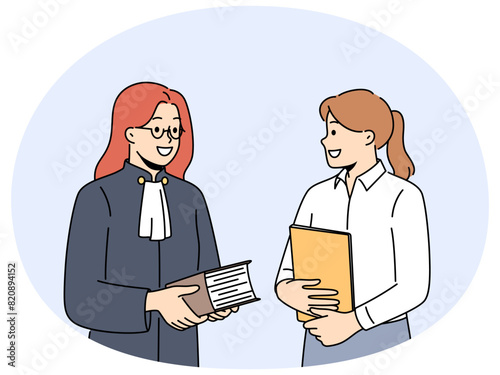Smiling female lawyer and paralegal with folders in office. Happy woman judge with assistant holding documents in court. Vector illustration.
