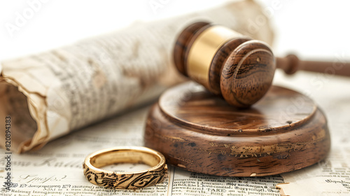 Papers about annulment, ring and gavel isolated on white background, studio photography, png
 photo