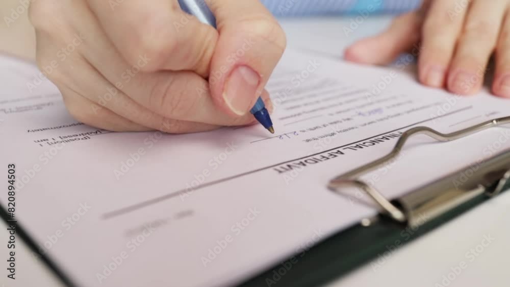 Financial affidavit, hand fills out a document, legal paperwork, lawyer review. Financial affidavit, hand fills out a document, legal paperwork, lawyer review.
