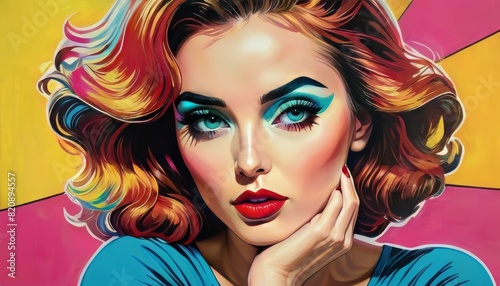 A vibrant  pop art style portrait of a young woman with colorful  flowing hair and dramatic makeup  set against a bright  multicolored background.