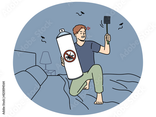Angry man sit on bed at home with fly swatter and aerosol suffer from mosquitos at night. Mad male renter with spray and flyswatter killing insects. Vector illustration.
