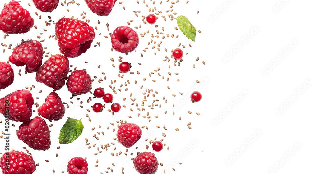 Vibrant Raspberry Harvest: Fresh Berries, Seeds, and Leaves on White Vibrant Raspberry Harvest: Fresh Berries, Seeds, and Leaves on White