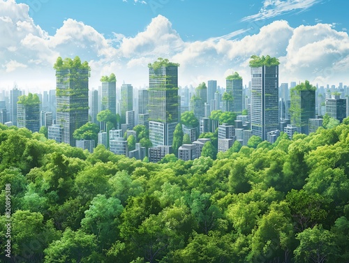 A city with tall buildings and green trees. The city is surrounded by a forest and the buildings are covered in plants