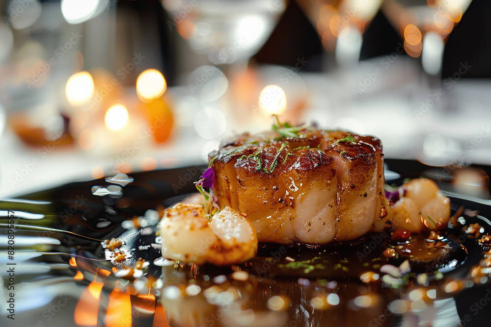 close up detailed image of a fancy fish dish in a fine dining context