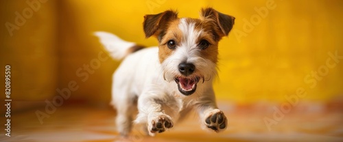 Against A Vibrant Yellow Backdrop, A Jack Russell Terrier Strikes A Comical Pose, Its Irrepressible Energy And Charm Encapsulated In Its Endearing Antics