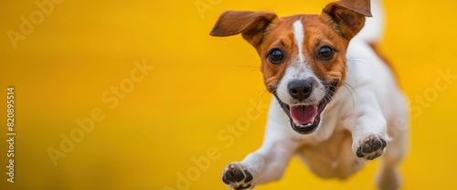 Against A Vibrant Yellow Backdrop, A Jack Russell Terrier Strikes A Comical Pose, Its Irrepressible Energy And Charm Encapsulated In Its Endearing Antics