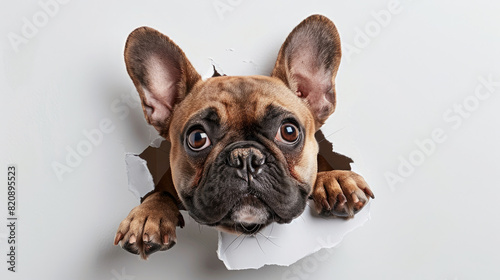Adorable French Bulldog dog sticking his head out of hole in white paper isolated on plain white background
