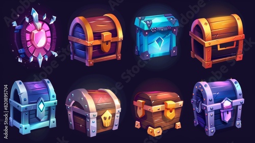 Pirate loot, gui design elements, cartoon modern illustration with treasure chests, game trunks, wooden boxes with iron, silver, gold, platinum forgeries. Trophy, magic assets, level winners reward. photo