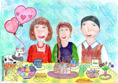 Child drawing of a happy family celebrating a birthday at home and drinking tea with cake