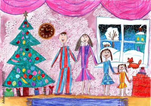 Child drawing christmas tree with colorful ornaments.Christmas home decor in childish style. Pencil art in childish style