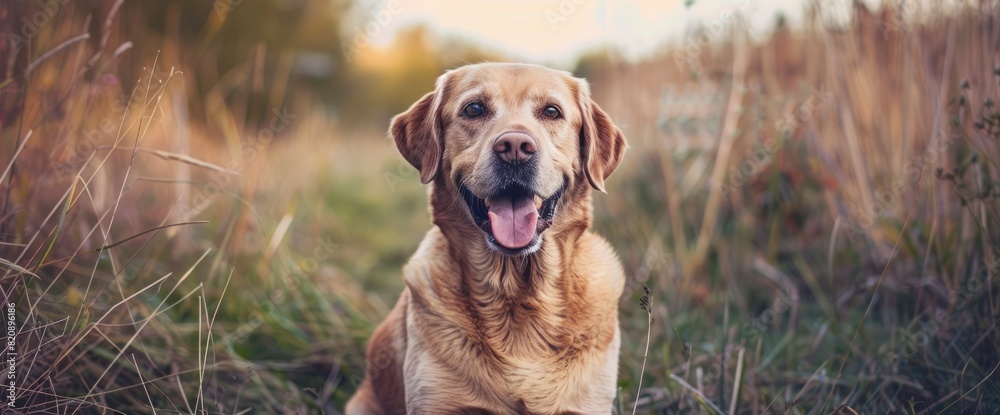 Amidst The Tranquil Embrace Of A Nature Meadow, A Happy, Smiling Dog Pants With Unrestrained Joy, Its Playful Spirit Alive