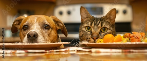 Amidst The Shared Ritual Of Mealtime, A Dog And Cat Dine Together, Their Appetite Sated Amidst The Comforting Familiarity Of Their Shared Space