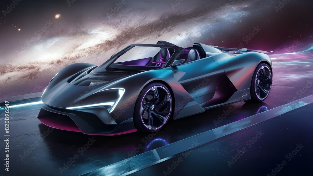 A futuristic electric car in space with neon lights, stylish design and vibrant colors, surrounded by stars and galaxies. A futuristic electric car in space with neon lights, stylish design and vibrant colors, surrounded by stars and galaxies.