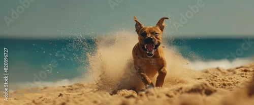 An Active Pit Bull Terrier Races Across The Beach, The Expansive Sea Providing A Stunning Backdrop To Its Boundless Energy photo