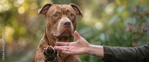 An American Pitbull/American Bully Displays Its Fierce Strength And Loyalty, Standing Protectively As Its Owner Gives A Command
