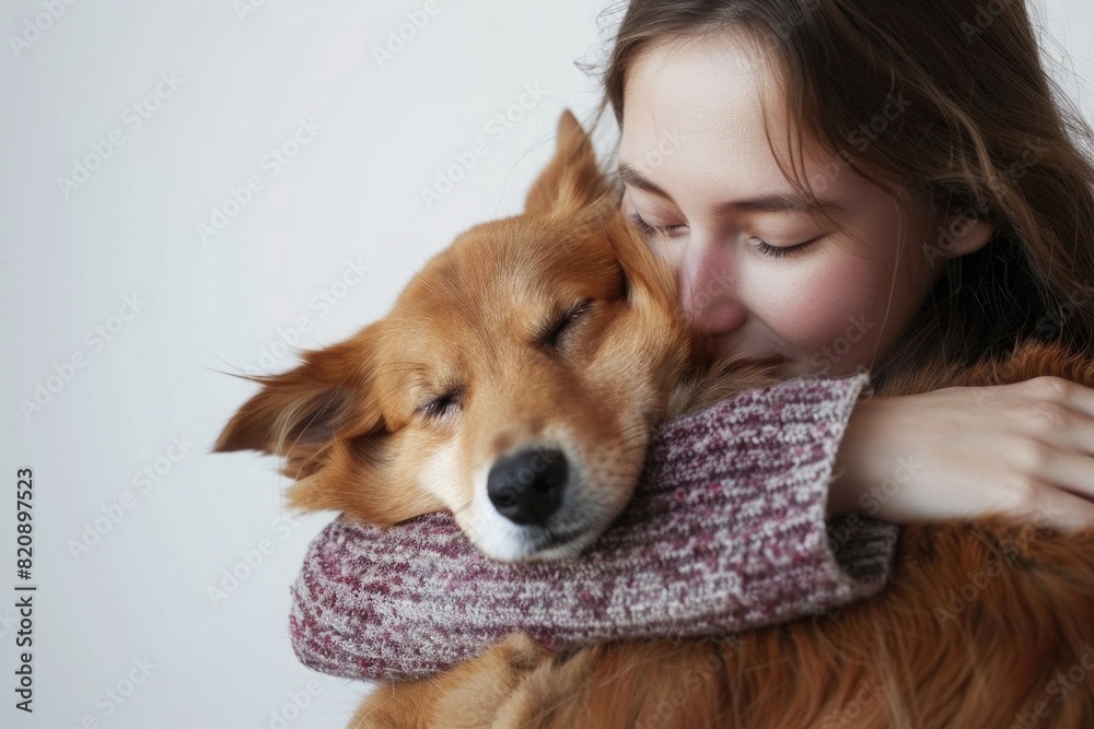 young female hugging a dog, banner with copy space young female hugging a dog, banner with copy space